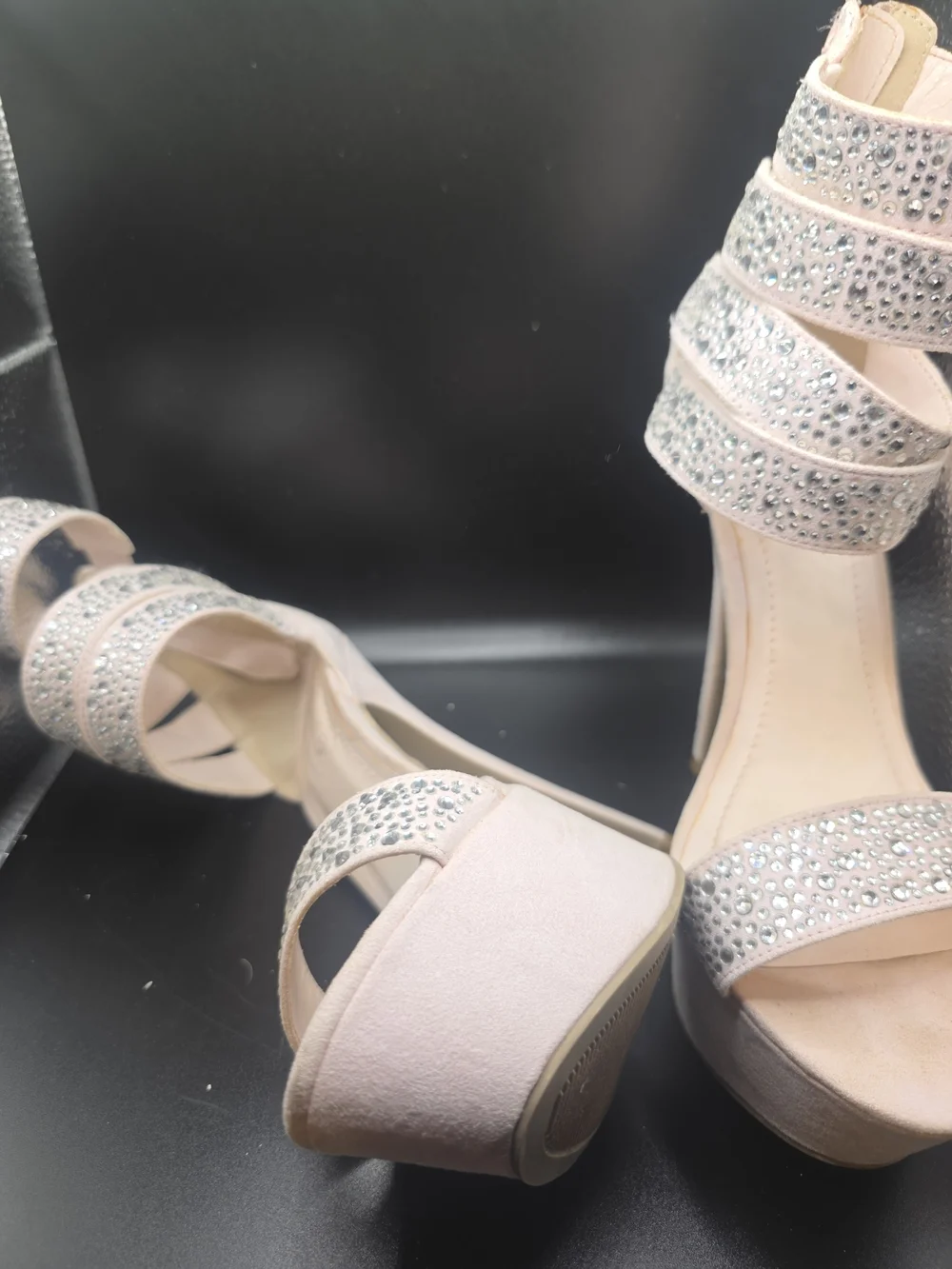 Shoe Dazzle Embellished Blush Platform Heels with Ankle Straps